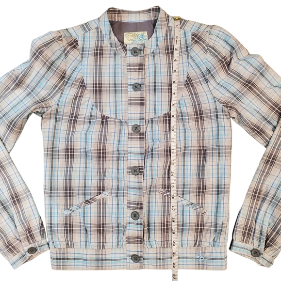 Split Women Blue Plaid Print Button Bomber Jacket Size XS - Picture 6 of 12